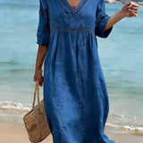 Robe Midi Col V Manches Courtes Poches