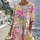 Robe Midi Imprimé Floral Abstrait Poches Manches Courtes