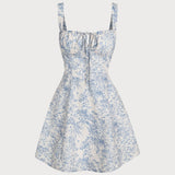 Robe Mini Corset Fleurie Bleue — Silhouette A-Ligne, Froncée, Nœud au Dos