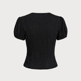 Blouse Noire en Jacquard Dentelle — Manches Bouffantes, Décolleté en V, Boutons