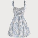 Robe Mini Corset Fleurie Bleue — Silhouette A-Ligne, Froncée, Nœud au Dos