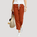 Pantalon Lin Taille Élastique Coupe Droite Longueur Raccourcie