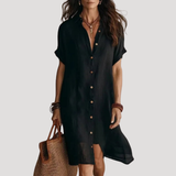 Robe Chemise Maxi Col V Manches Courtes Boutonnée