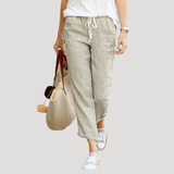 Pantalon Lin Taille Élastique Coupe Droite Longueur Raccourcie