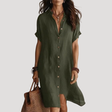 Robe Chemise Maxi Col V Manches Courtes Boutonnée