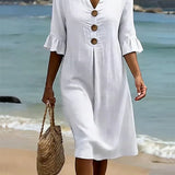Robe Mini Boutonnée Manches Volantées Col Rond
