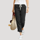 Pantalon Lin Taille Élastique Coupe Droite Longueur Raccourcie