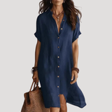 Robe Chemise Maxi Col V Manches Courtes Boutonnée