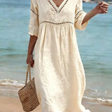 Robe Midi Col V Manches Courtes Poches