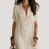 Robe Chemise Maxi Col V Manches Courtes Boutonnée