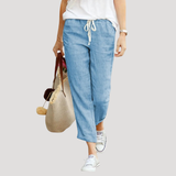 Pantalon Lin Taille Élastique Coupe Droite Longueur Raccourcie