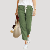Pantalon Lin Taille Élastique Coupe Droite Longueur Raccourcie