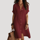 Robe Chemise Maxi Col V Manches Courtes Boutonnée