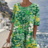 Robe Midi Imprimé Floral Abstrait Poches Manches Courtes