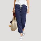Pantalon Lin Taille Élastique Coupe Droite Longueur Raccourcie