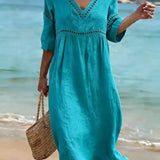 Robe Midi Col V Manches Courtes Poches