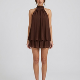 Robe Mini Col Montant Halter Dos Nu Volants Étagés