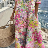 Robe Midi Imprimé Floral Abstrait Poches Manches Courtes