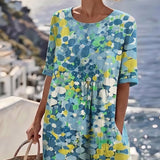 Robe Midi Imprimé Floral Abstrait Poches Manches Courtes