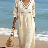 Robe Midi Col V Manches Courtes Poches