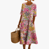 Robe Midi Fleurie Manches Courtes Femme