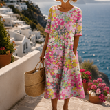 Robe Midi Fleurie Manches Courtes Femme