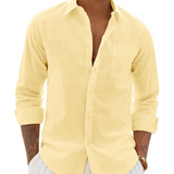 Chemise Homme Coton Lin Col Classique Poche Poitrine