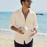 Chemise Homme Coton Lin Col Classique Poche Poitrine
