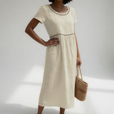 Robe Midi Brodée Taille Empire Femme