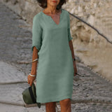 Robe Midi Col V Manches Trois-Quarts