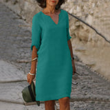 Robe Midi Col V Manches Trois-Quarts