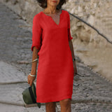 Robe Midi Col V Manches Trois-Quarts