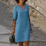 Robe Midi Col V Manches Trois-Quarts