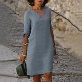 Robe Midi Col V Manches Trois-Quarts