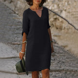 Robe Midi Col V Manches Trois-Quarts