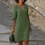 Robe Midi Col V Manches Trois-Quarts