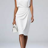 Robe Cocktail Midi Col Keyhole Taille Froncée