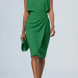 Robe Cocktail Midi Col Keyhole Taille Froncée