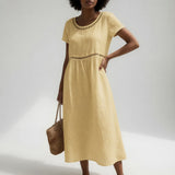 Robe Midi Brodée Taille Empire Femme