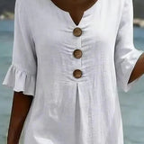 Robe Mini Boutonnée Manches Volantées Col Rond