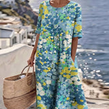 Robe Midi Imprimé Floral Abstrait Poches Manches Courtes