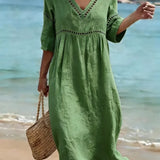 Robe Midi Col V Manches Courtes Poches