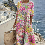 Robe Midi Imprimé Floral Abstrait Poches Manches Courtes