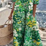 Robe Midi Imprimé Floral Abstrait Poches Manches Courtes