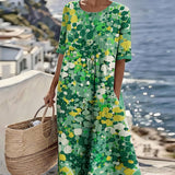 Robe Midi Imprimé Floral Abstrait Poches Manches Courtes
