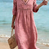 Robe Midi Col V Manches Courtes Poches