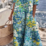 Robe Midi Imprimé Floral Abstrait Poches Manches Courtes