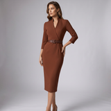 Robe fourreau ceinturée à col mandarin