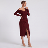 Robe Drapée à Col Haut et Épaule Dénudée