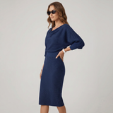 Robe Midi Drapée à Manches Chauve-Souris